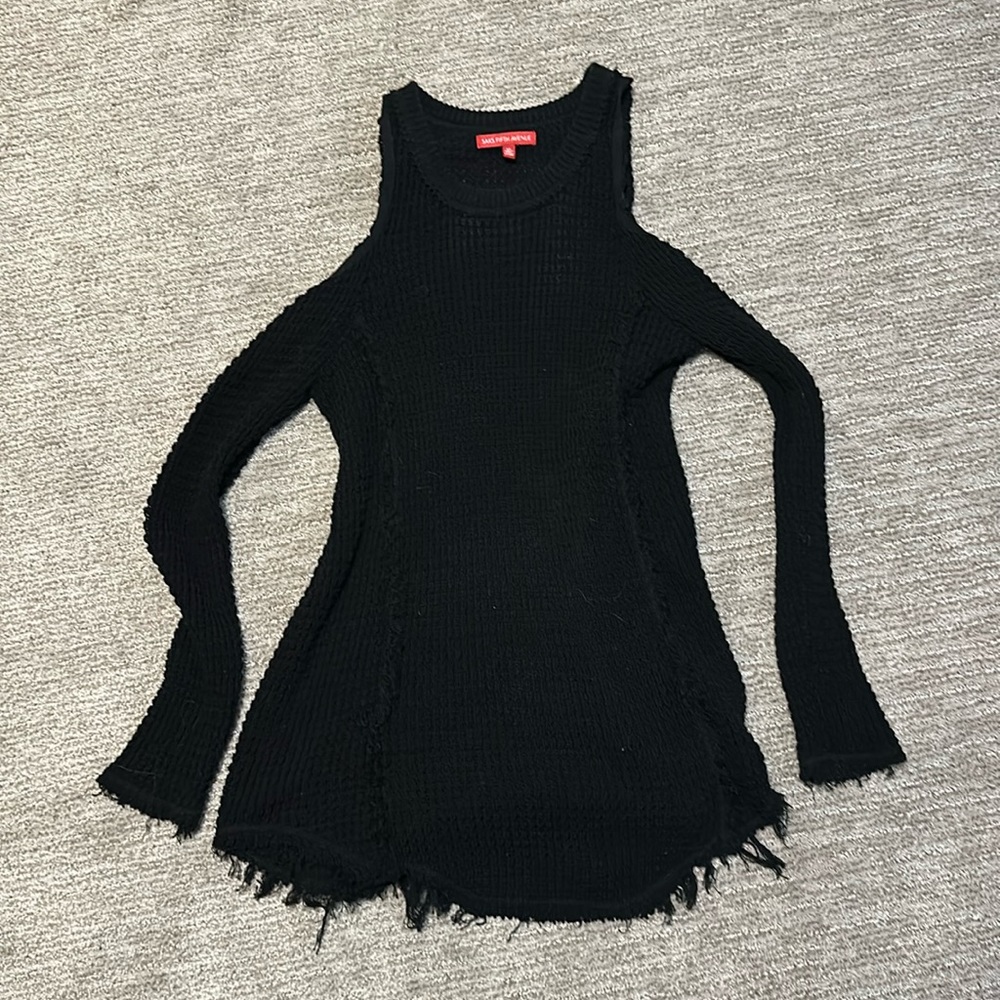 Saks Fifth Avenue Black Sweater with open shoulder and frayed hem